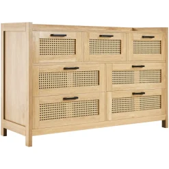 VEVOR 7 Drawer Rattan Dresser, Natural Rattan Wood Dressers with LED Light, Modern Wood Chest Clothing Organizer & Storage Boho Dresser with Sturdy Handles & Legs, for Bedroom, Living Room & Hallway