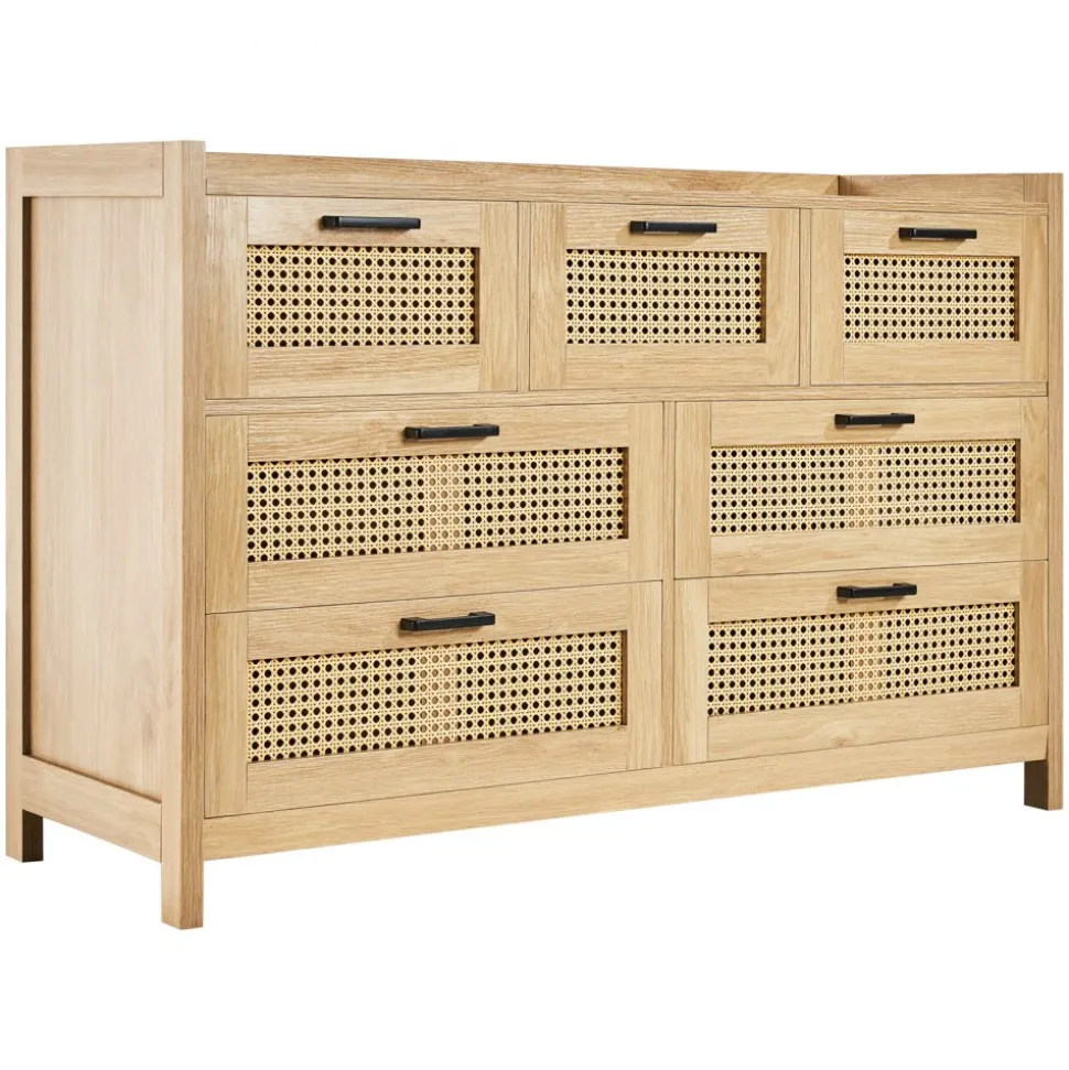 VEVOR 7 Drawer Rattan Dresser, Natural Rattan Wood Dressers with LED Light, Modern Wood Chest Clothing Organizer & Storage Boho Dresser with Sturdy Handles & Legs, for Bedroom, Living Room & Hallway
