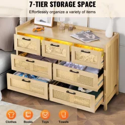 VEVOR 7 Drawer Rattan Dresser, Natural Rattan Wood Dressers with LED Light, Modern Wood Chest Clothing Organizer & Storage Boho Dresser with Sturdy Handles & Legs, for Bedroom, Living Room & Hallway