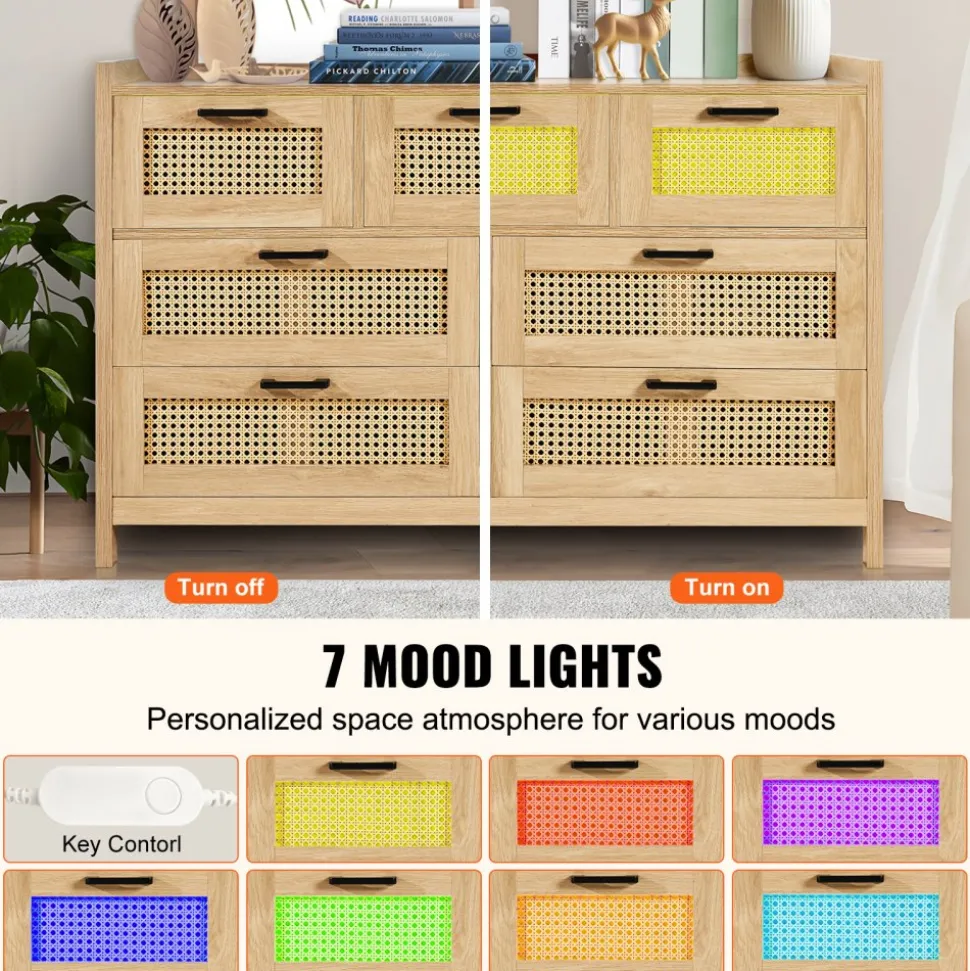 VEVOR 7 Drawer Rattan Dresser, Natural Rattan Wood Dressers with LED Light, Modern Wood Chest Clothing Organizer & Storage Boho Dresser with Sturdy Handles & Legs, for Bedroom, Living Room & Hallway