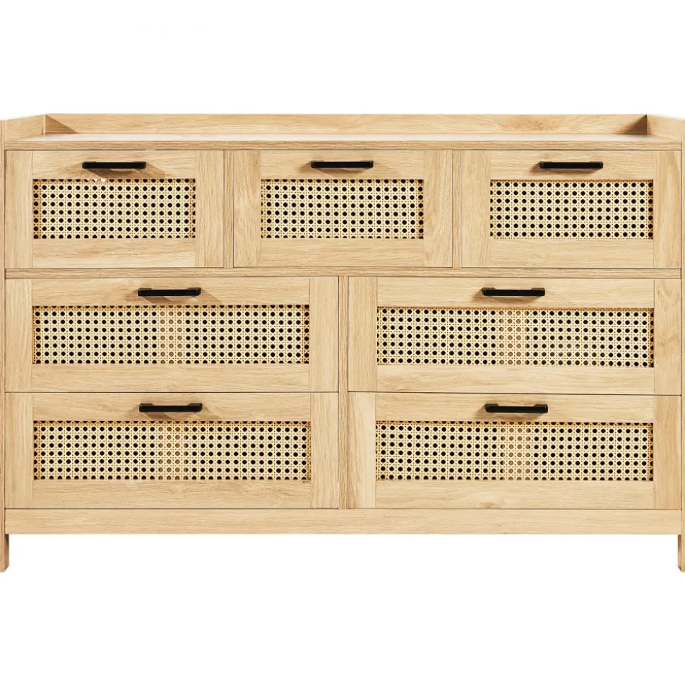 VEVOR 7 Drawer Rattan Dresser, Natural Rattan Wood Dressers with LED Light, Modern Wood Chest Clothing Organizer & Storage Boho Dresser with Sturdy Handles & Legs, for Bedroom, Living Room & Hallway