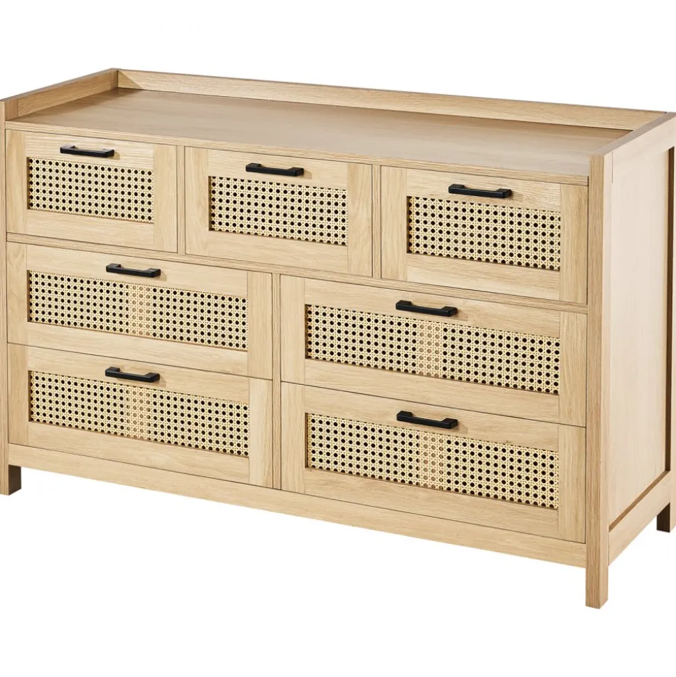 VEVOR 7 Drawer Rattan Dresser, Natural Rattan Wood Dressers with LED Light, Modern Wood Chest Clothing Organizer & Storage Boho Dresser with Sturdy Handles & Legs, for Bedroom, Living Room & Hallway
