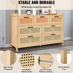VEVOR 7 Drawer Rattan Dresser, Natural Rattan Wood Dressers with LED Light, Modern Wood Chest Clothing Organizer & Storage Boho Dresser with Sturdy Handles & Legs, for Bedroom, Living Room & Hallway