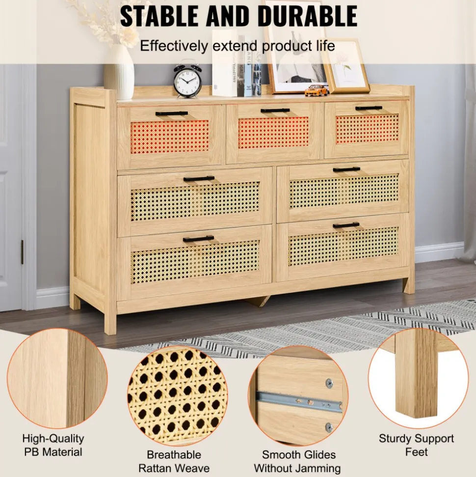VEVOR 7 Drawer Rattan Dresser, Natural Rattan Wood Dressers with LED Light, Modern Wood Chest Clothing Organizer & Storage Boho Dresser with Sturdy Handles & Legs, for Bedroom, Living Room & Hallway