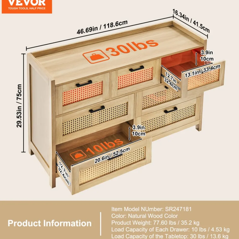 VEVOR 7 Drawer Rattan Dresser, Natural Rattan Wood Dressers with LED Light, Modern Wood Chest Clothing Organizer & Storage Boho Dresser with Sturdy Handles & Legs, for Bedroom, Living Room & Hallway