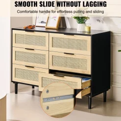 VEVOR 6 Drawer Rattan Dresser, Natural Rattan Closet Dresser with 6 Drawers, Modern Wood Chest Clothing Organizer & Storage Boho Dresser with Sturdy Handles & Legs, for Bedroom, Living Room & Hallway