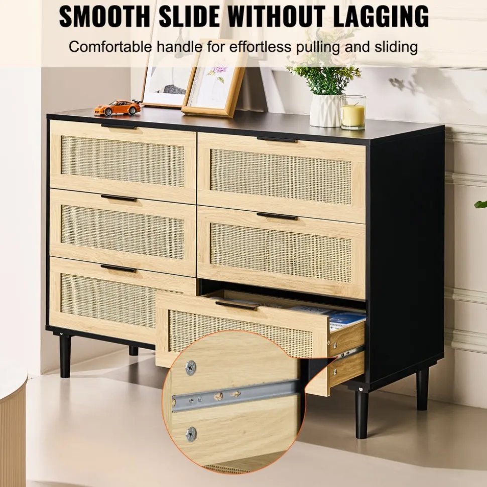 VEVOR 6 Drawer Rattan Dresser, Natural Rattan Closet Dresser with 6 Drawers, Modern Wood Chest Clothing Organizer & Storage Boho Dresser with Sturdy Handles & Legs, for Bedroom, Living Room & Hallway