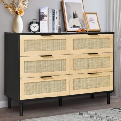 VEVOR 6 Drawer Rattan Dresser, Natural Rattan Closet Dresser with 6 Drawers, Modern Wood Chest Clothing Organizer & Storage Boho Dresser with Sturdy Handles & Legs, for Bedroom, Living Room & Hallway