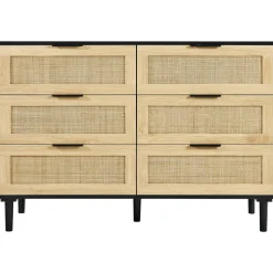 VEVOR 6 Drawer Rattan Dresser, Natural Rattan Closet Dresser with 6 Drawers, Modern Wood Chest Clothing Organizer & Storage Boho Dresser with Sturdy Handles & Legs, for Bedroom, Living Room & Hallway