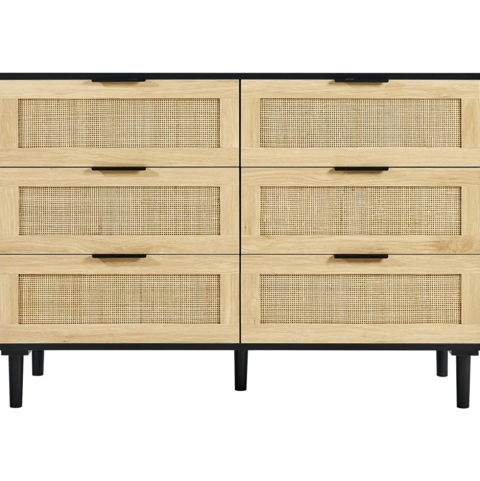 VEVOR 6 Drawer Rattan Dresser, Natural Rattan Closet Dresser with 6 Drawers, Modern Wood Chest Clothing Organizer & Storage Boho Dresser with Sturdy Handles & Legs, for Bedroom, Living Room & Hallway