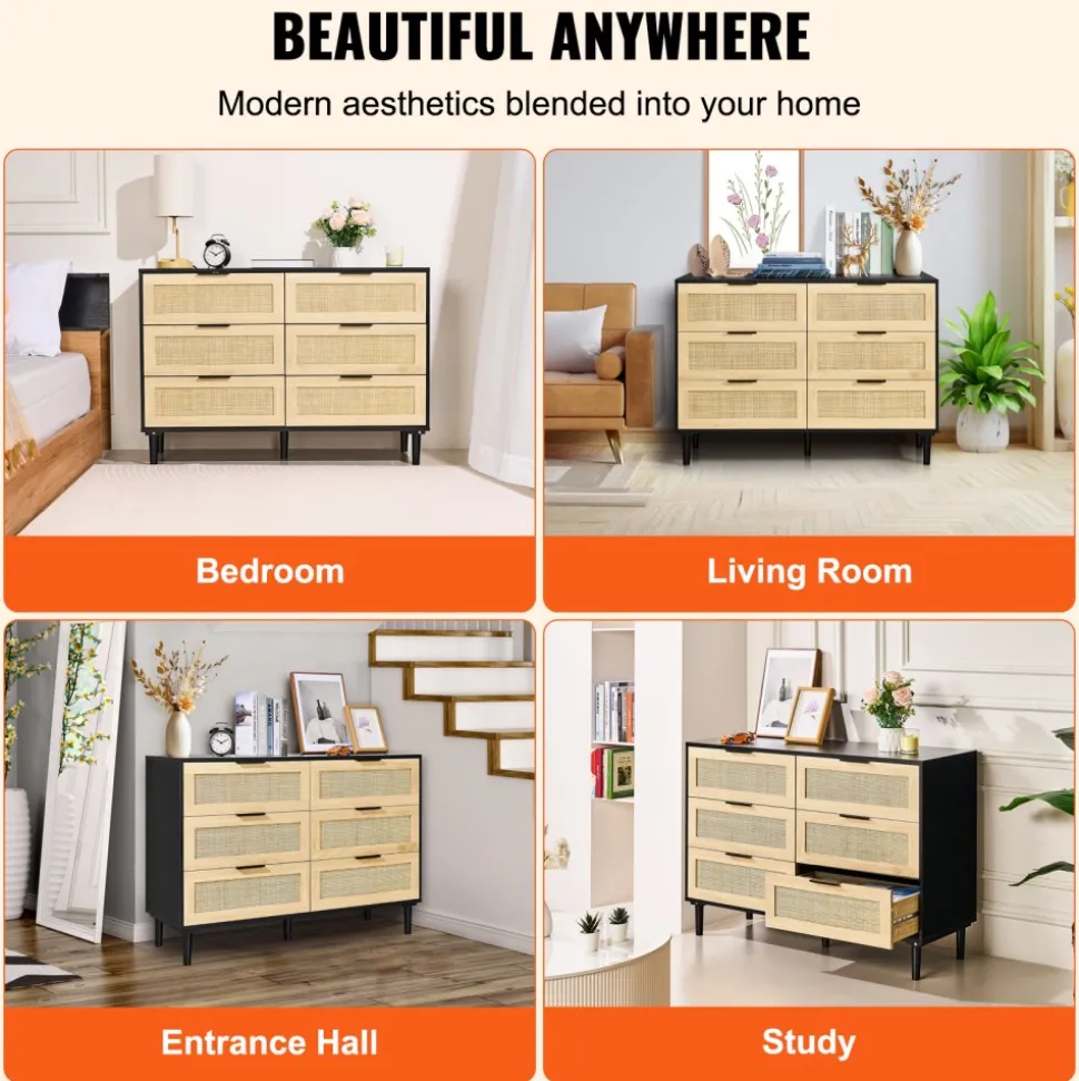 VEVOR 6 Drawer Rattan Dresser, Natural Rattan Closet Dresser with 6 Drawers, Modern Wood Chest Clothing Organizer & Storage Boho Dresser with Sturdy Handles & Legs, for Bedroom, Living Room & Hallway