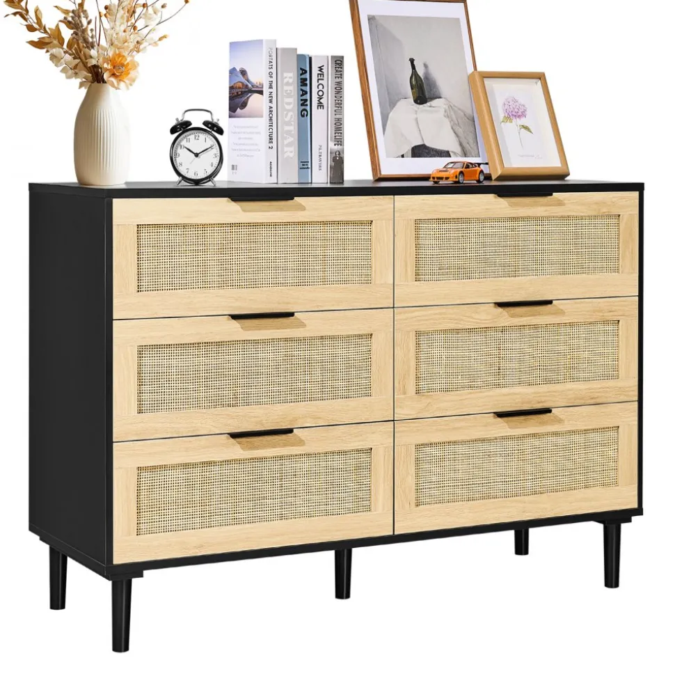 VEVOR 6 Drawer Rattan Dresser, Natural Rattan Closet Dresser with 6 Drawers, Modern Wood Chest Clothing Organizer & Storage Boho Dresser with Sturdy Handles & Legs, for Bedroom, Living Room & Hallway