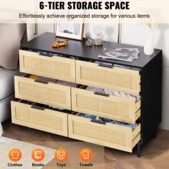 VEVOR 6 Drawer Rattan Dresser, Natural Rattan Closet Dresser with 6 Drawers, Modern Wood Chest Clothing Organizer & Storage Boho Dresser with Sturdy Handles & Legs, for Bedroom, Living Room & Hallway