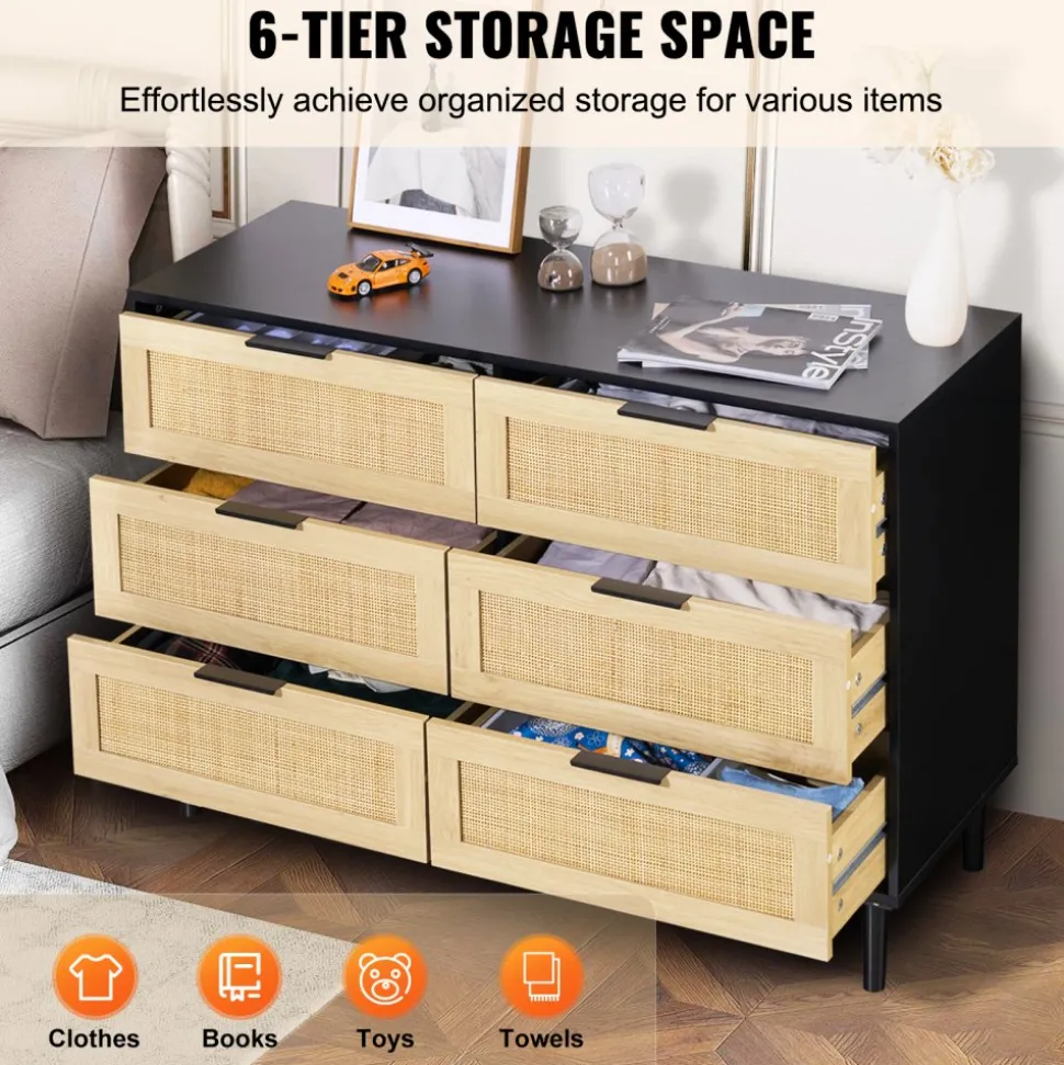 VEVOR 6 Drawer Rattan Dresser, Natural Rattan Closet Dresser with 6 Drawers, Modern Wood Chest Clothing Organizer & Storage Boho Dresser with Sturdy Handles & Legs, for Bedroom, Living Room & Hallway