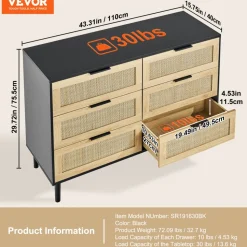 VEVOR 6 Drawer Rattan Dresser, Natural Rattan Closet Dresser with 6 Drawers, Modern Wood Chest Clothing Organizer & Storage Boho Dresser with Sturdy Handles & Legs, for Bedroom, Living Room & Hallway