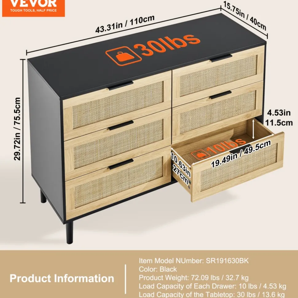 VEVOR 6 Drawer Rattan Dresser, Natural Rattan Closet Dresser with 6 Drawers, Modern Wood Chest Clothing Organizer & Storage Boho Dresser with Sturdy Handles & Legs, for Bedroom, Living Room & Hallway