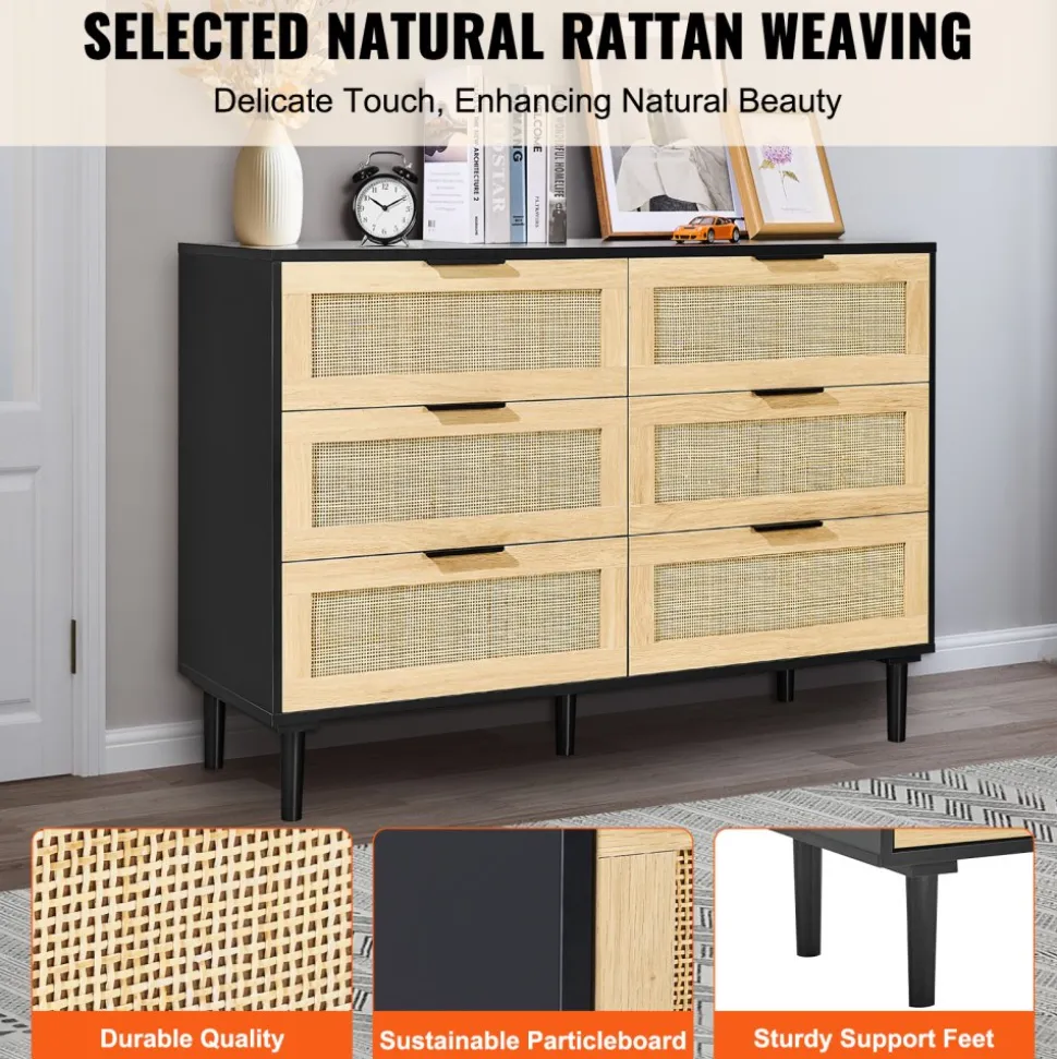 VEVOR 6 Drawer Rattan Dresser, Natural Rattan Closet Dresser with 6 Drawers, Modern Wood Chest Clothing Organizer & Storage Boho Dresser with Sturdy Handles & Legs, for Bedroom, Living Room & Hallway