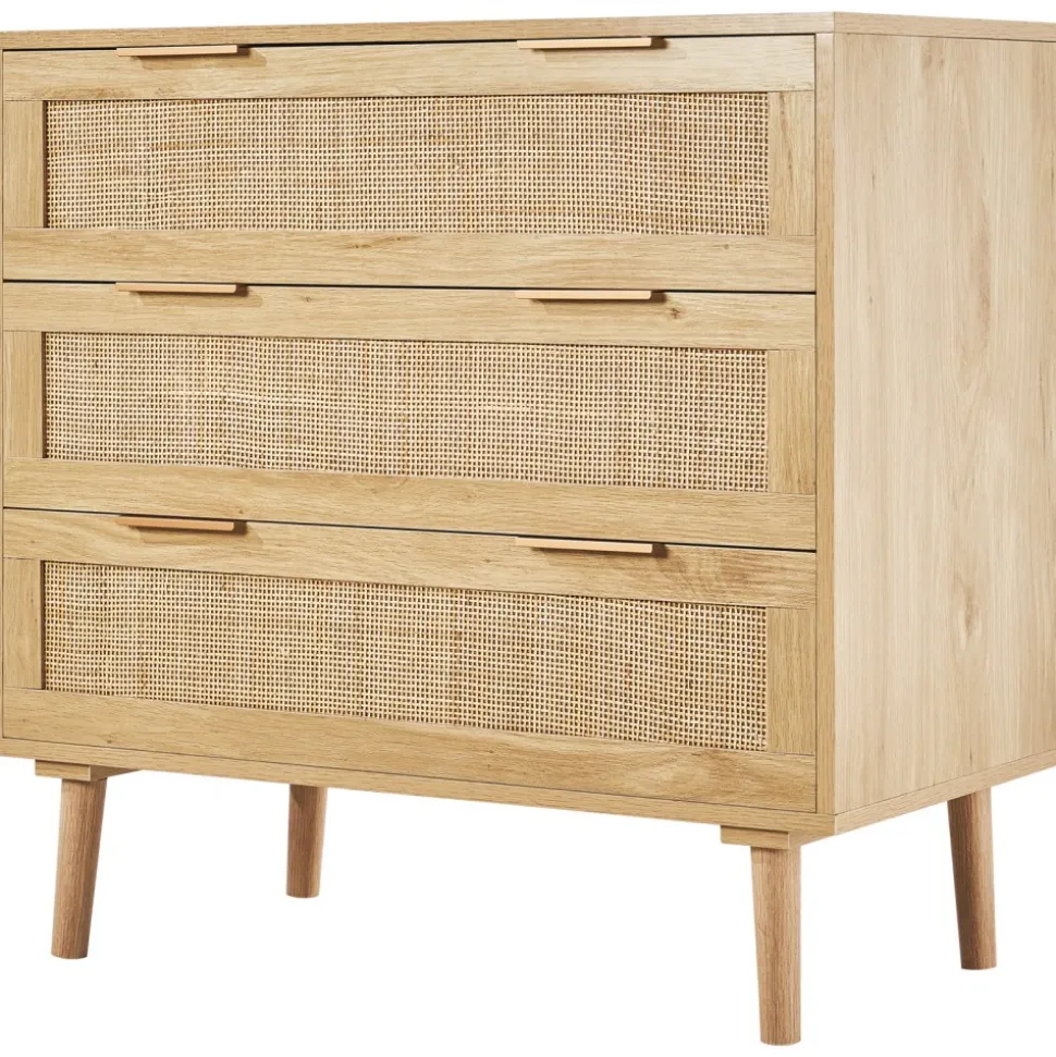 VEVOR 3 Drawer Rattan Dresser, Natural Rattan Closet Dresser with 3 Drawers, Modern Wood Chest Clothing Organizer & Storage Boho Dresser with Sturdy Handles & Legs, for Bedroom, Living Room & Hallway
