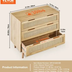 VEVOR 3 Drawer Rattan Dresser, Natural Rattan Closet Dresser with 3 Drawers, Modern Wood Chest Clothing Organizer & Storage Boho Dresser with Sturdy Handles & Legs, for Bedroom, Living Room & Hallway