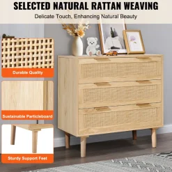 VEVOR 3 Drawer Rattan Dresser, Natural Rattan Closet Dresser with 3 Drawers, Modern Wood Chest Clothing Organizer & Storage Boho Dresser with Sturdy Handles & Legs, for Bedroom, Living Room & Hallway