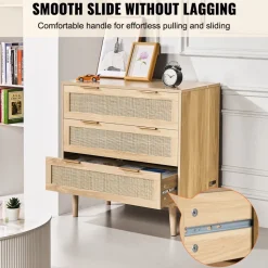 VEVOR 3 Drawer Rattan Dresser, Natural Rattan Closet Dresser with 3 Drawers, Modern Wood Chest Clothing Organizer & Storage Boho Dresser with Sturdy Handles & Legs, for Bedroom, Living Room & Hallway