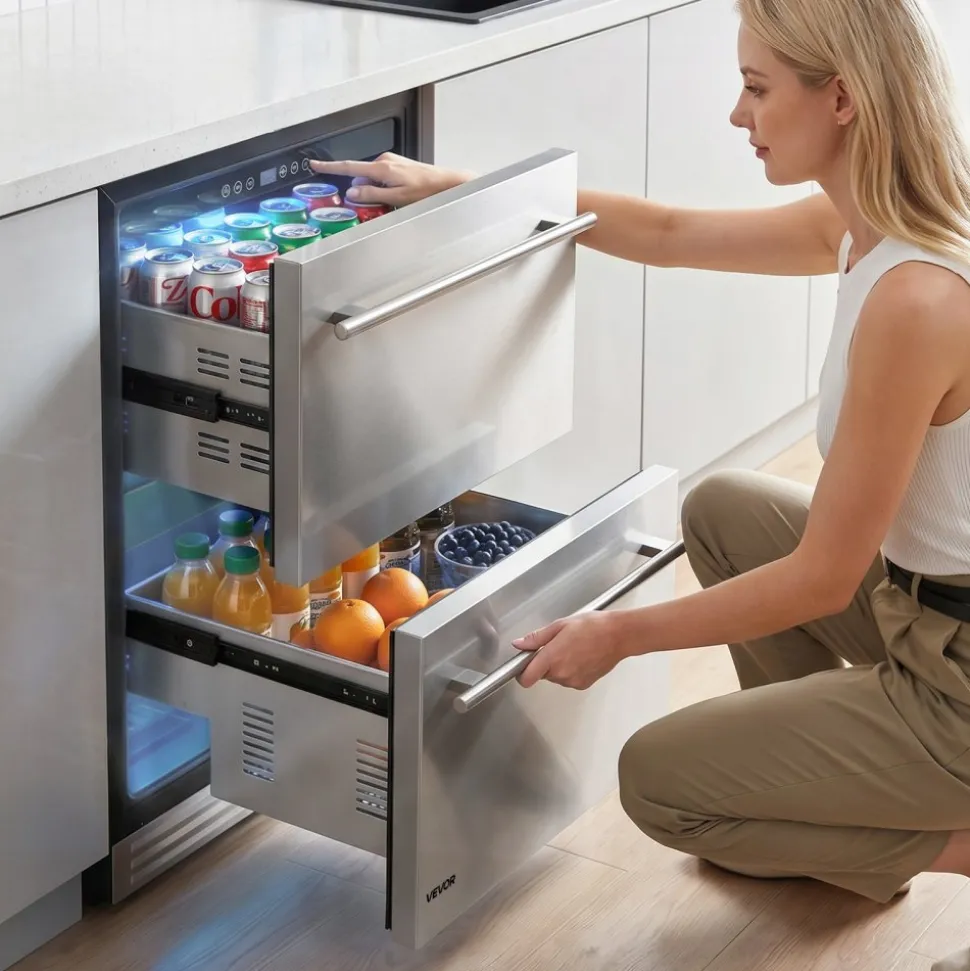VEVOR Drawer Refrigerator, 24 in Undercounter Beverage Fridge, Large Capacity, Drink Cooler with 304 Stainless Steel Drawers, Temp Control, Powerful Compressor, for Kitchen, Office & Game Room