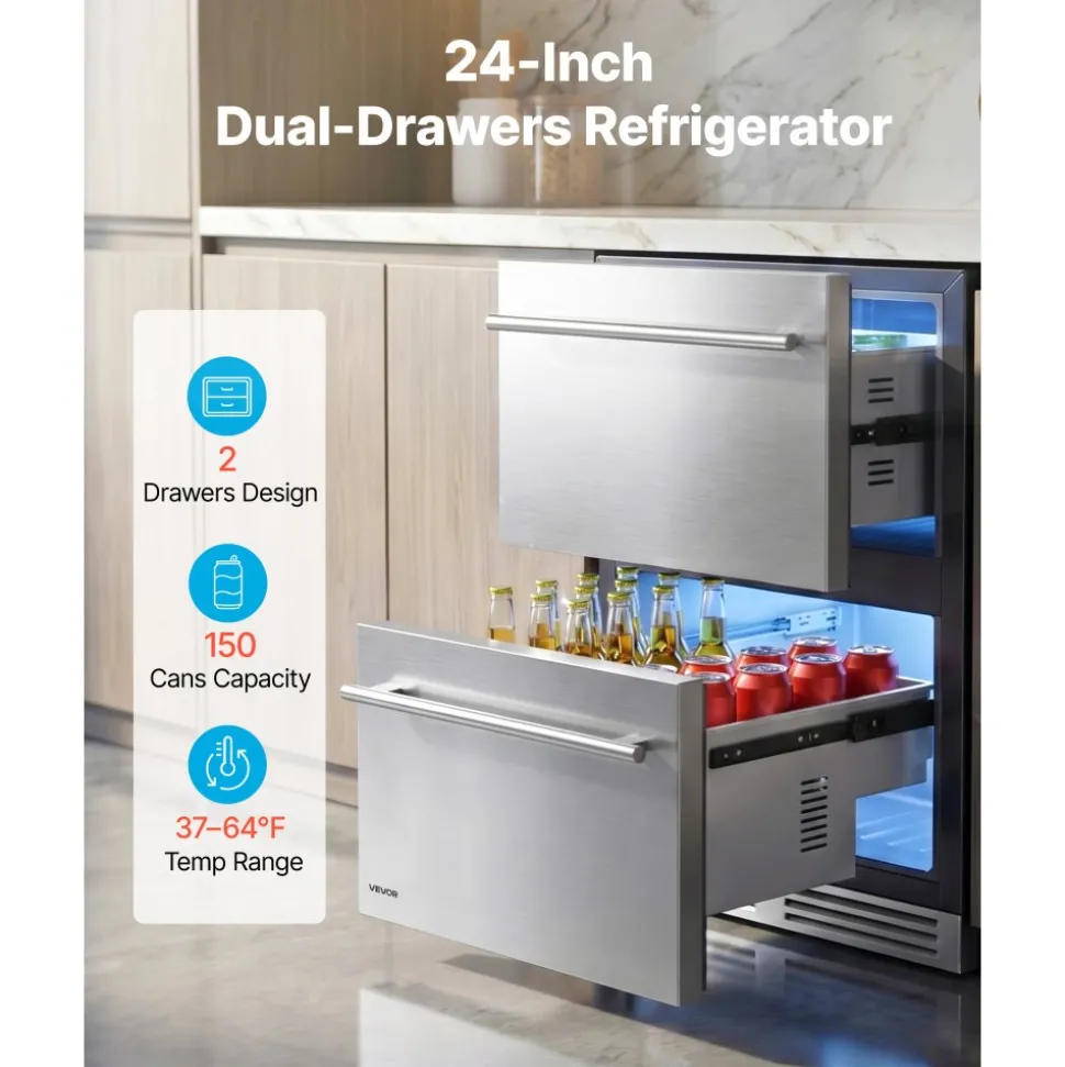 VEVOR Drawer Refrigerator, 24 in Undercounter Beverage Fridge, Large Capacity, Drink Cooler with 304 Stainless Steel Drawers, Temp Control, Powerful Compressor, for Kitchen, Office & Game Room