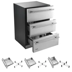 VEVOR 3-Drawer Refrigerator, 24 in Undercounter Beverage Cooler, Large Capacity Drink Fridge, 3 Separate Storage Zones, 304 Stainless Steel Drawers, Fast Cooling, for Kitchen, Game Room & Home Bar