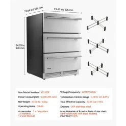 VEVOR 3-Drawer Refrigerator, 24 in Undercounter Beverage Cooler, Large Capacity Drink Fridge, 3 Separate Storage Zones, 304 Stainless Steel Drawers, Fast Cooling, for Kitchen, Game Room & Home Bar