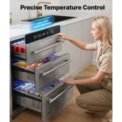 VEVOR 3-Drawer Refrigerator, 24 in Undercounter Beverage Cooler, Large Capacity Drink Fridge, 3 Separate Storage Zones, 304 Stainless Steel Drawers, Fast Cooling, for Kitchen, Game Room & Home Bar