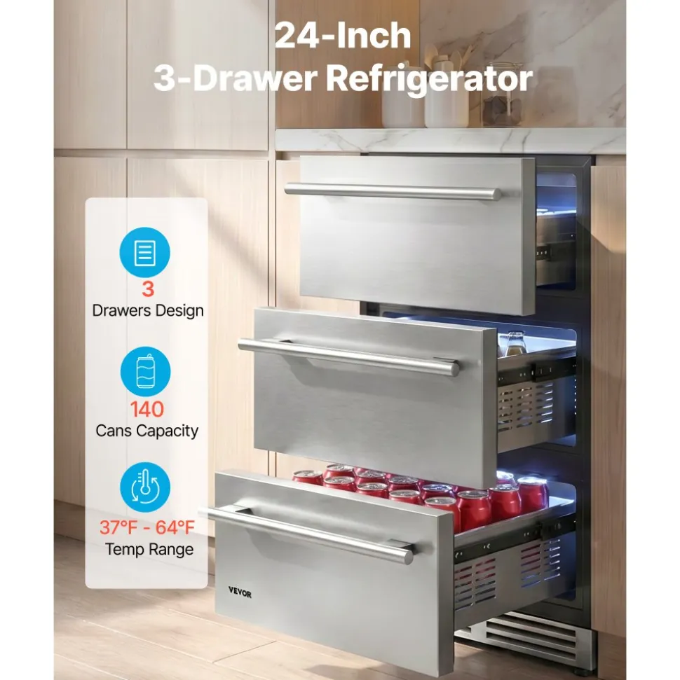 VEVOR 3-Drawer Refrigerator, 24 in Undercounter Beverage Cooler, Large Capacity Drink Fridge, 3 Separate Storage Zones, 304 Stainless Steel Drawers, Fast Cooling, for Kitchen, Game Room & Home Bar
