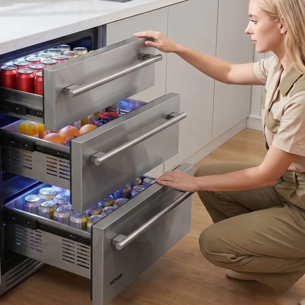 VEVOR 3-Drawer Refrigerator, 24 in Undercounter Beverage Cooler, Large Capacity Drink Fridge, 3 Separate Storage Zones, 304 Stainless Steel Drawers, Fast Cooling, for Kitchen, Game Room & Home Bar