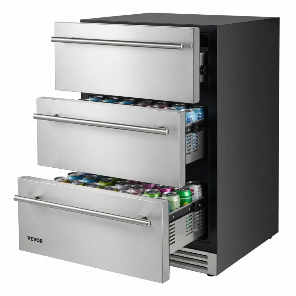 VEVOR 3-Drawer Refrigerator, 24 in Undercounter Beverage Cooler, Large Capacity Drink Fridge, 3 Separate Storage Zones, 304 Stainless Steel Drawers, Fast Cooling, for Kitchen, Game Room & Home Bar