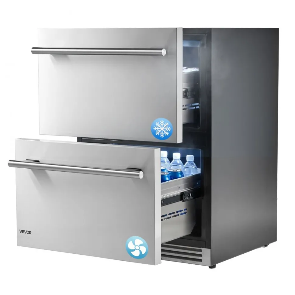 VEVOR Drawer Refrigerator with Freezer, 24 in Undercounter Fridge Freezer Combo, Beverage Cooler with 304 Stainless Steel Drawers, Freezing Section for Frozen Food, for Kitchen, Home Bar and Game Room