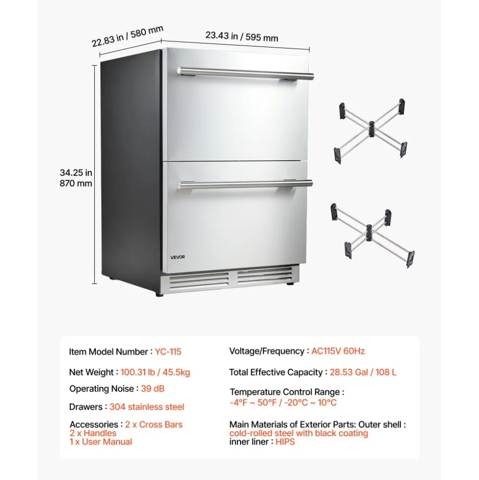 VEVOR Drawer Refrigerator with Freezer, 24 in Undercounter Fridge Freezer Combo, Beverage Cooler with 304 Stainless Steel Drawers, Freezing Section for Frozen Food, for Kitchen, Home Bar and Game Room