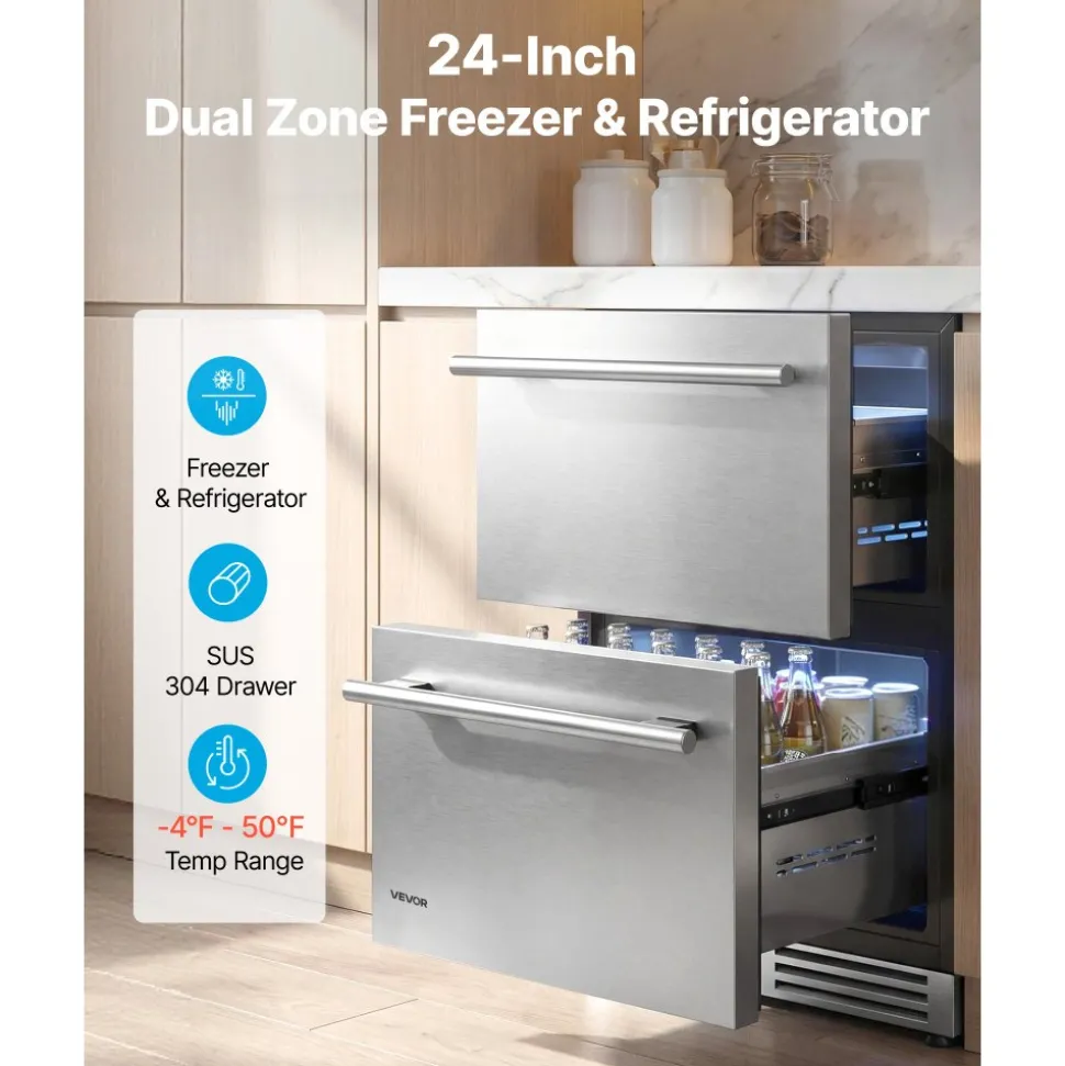 VEVOR Drawer Refrigerator with Freezer, 24 in Undercounter Fridge Freezer Combo, Beverage Cooler with 304 Stainless Steel Drawers, Freezing Section for Frozen Food, for Kitchen, Home Bar and Game Room
