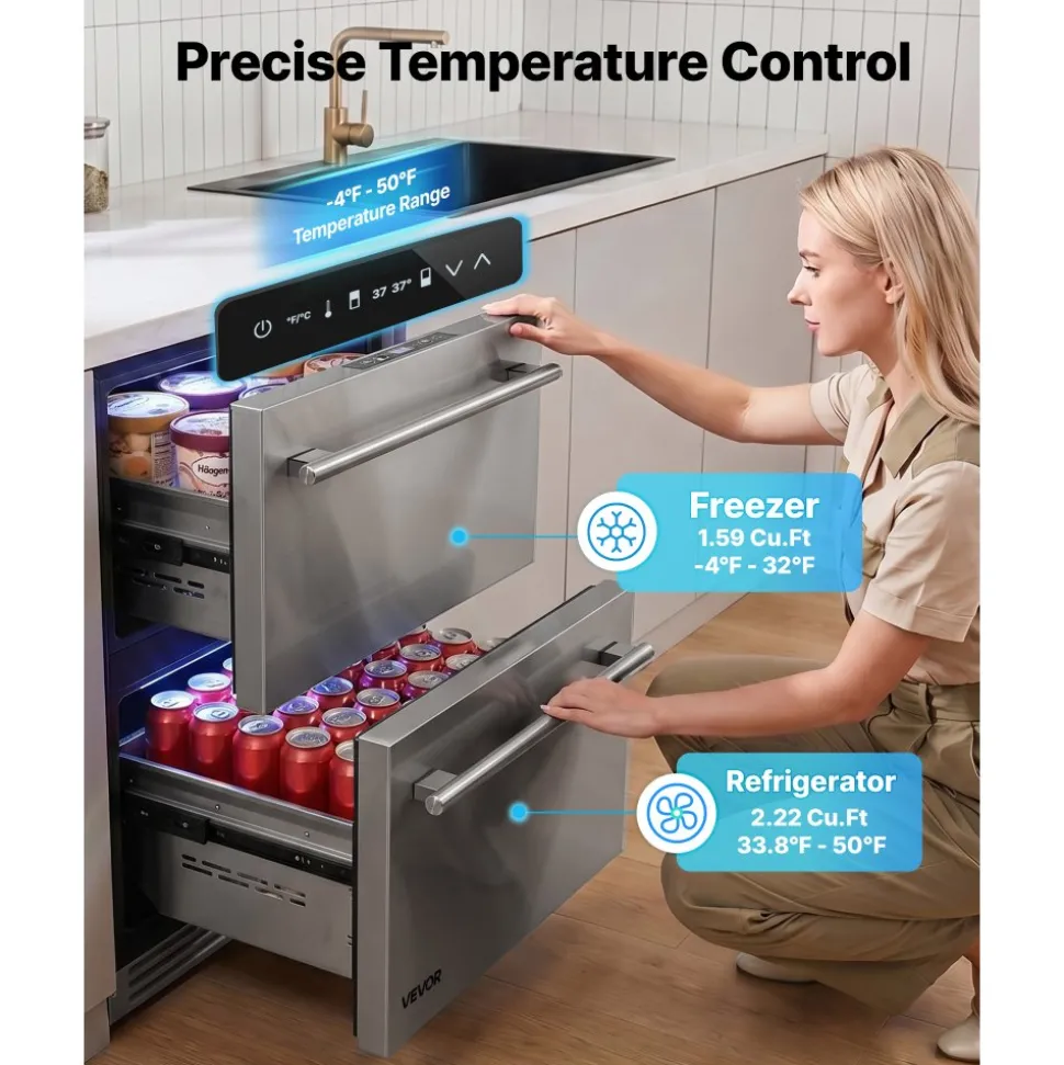 VEVOR Drawer Refrigerator with Freezer, 24 in Undercounter Fridge Freezer Combo, Beverage Cooler with 304 Stainless Steel Drawers, Freezing Section for Frozen Food, for Kitchen, Home Bar and Game Room