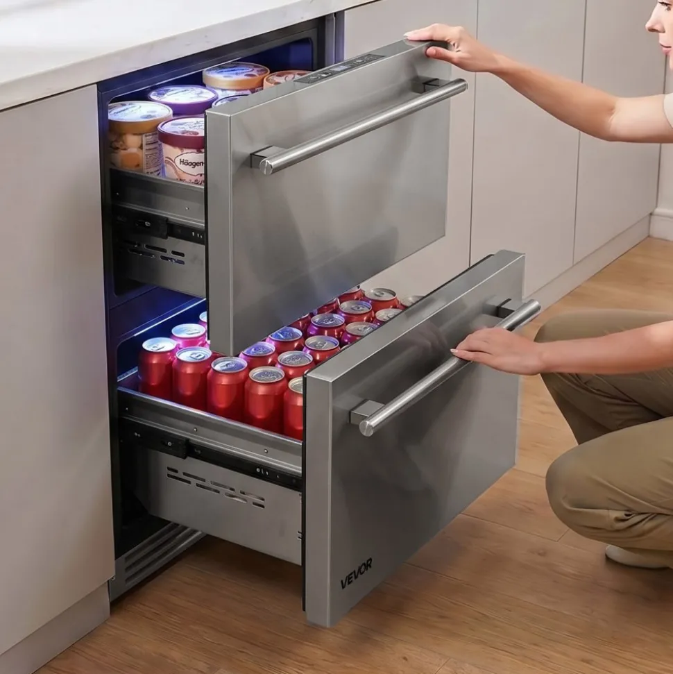 VEVOR Drawer Refrigerator with Freezer, 24 in Undercounter Fridge Freezer Combo, Beverage Cooler with 304 Stainless Steel Drawers, Freezing Section for Frozen Food, for Kitchen, Home Bar and Game Room