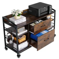 VEVOR 2 Drawers Metal File Cabinet, Lateral Filing Cabinet with Lock and 6 Open Shelves, Wooden Wide Filing Storage Cabinets with Power Strip for Letter, A4, Legal Size File, Easy Assembly, Brown