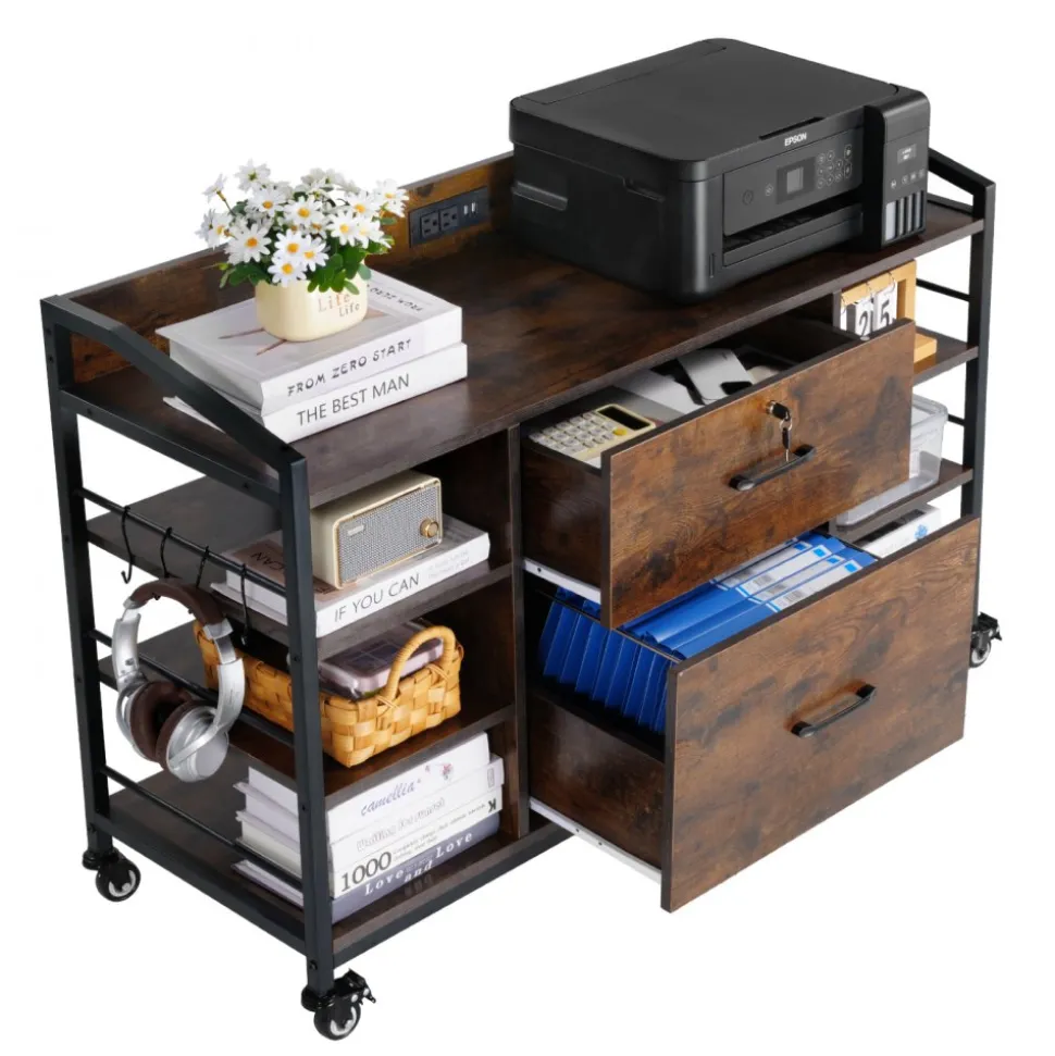 VEVOR 2 Drawers Metal File Cabinet, Lateral Filing Cabinet with Lock and 6 Open Shelves, Wooden Wide Filing Storage Cabinets with Power Strip for Letter, A4, Legal Size File, Easy Assembly, Brown