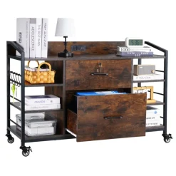VEVOR 2 Drawers Metal File Cabinet, Lateral Filing Cabinet with Lock and 6 Open Shelves, Wooden Wide Filing Storage Cabinets with Power Strip for Letter, A4, Legal Size File, Easy Assembly, Brown