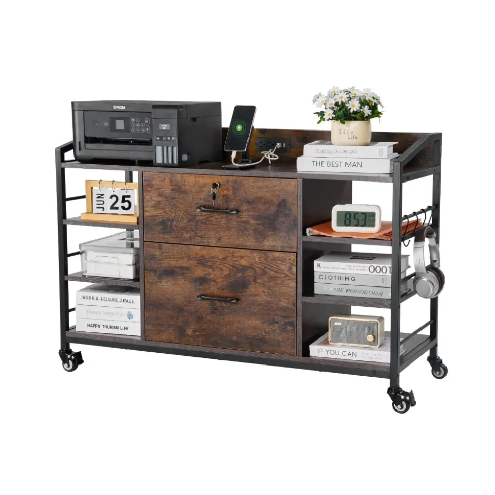VEVOR 2 Drawers Metal File Cabinet, Lateral Filing Cabinet with Lock and 6 Open Shelves, Wooden Wide Filing Storage Cabinets with Power Strip for Letter, A4, Legal Size File, Easy Assembly, Brown