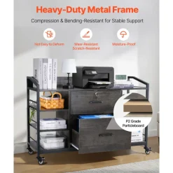 VEVOR 2 Drawers Metal File Cabinet, Lateral Filing Cabinet with Lock and 6 Open Shelves, Wooden Wide Filing Storage Cabinets with Power Strip for Letter, A4, Legal Size File, Easy Assembly, Gray