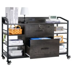 VEVOR 2 Drawers Metal File Cabinet, Lateral Filing Cabinet with Lock and 6 Open Shelves, Wooden Wide Filing Storage Cabinets with Power Strip for Letter, A4, Legal Size File, Easy Assembly, Gray