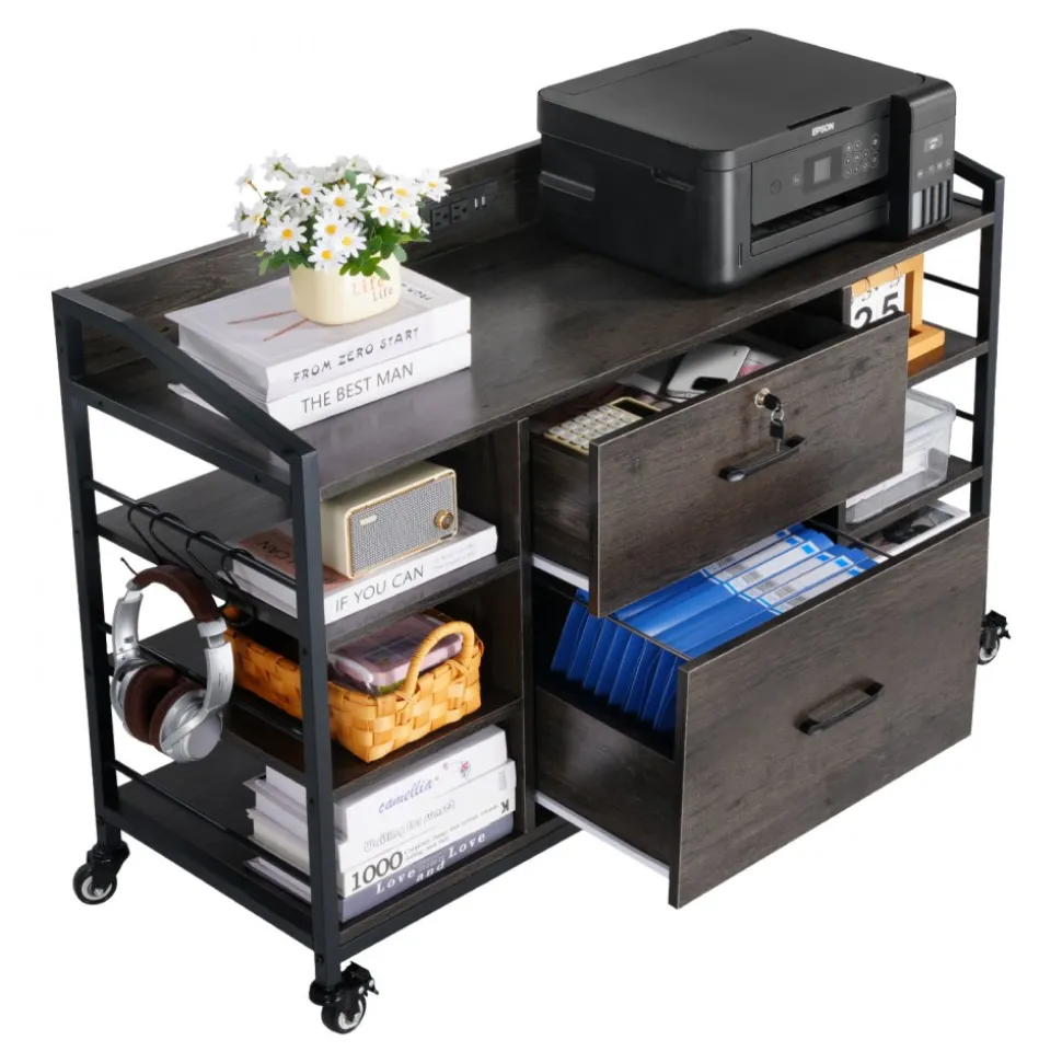 VEVOR 2 Drawers Metal File Cabinet, Lateral Filing Cabinet with Lock and 6 Open Shelves, Wooden Wide Filing Storage Cabinets with Power Strip for Letter, A4, Legal Size File, Easy Assembly, Gray