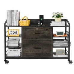VEVOR 2 Drawers Metal File Cabinet, Lateral Filing Cabinet with Lock and 6 Open Shelves, Wooden Wide Filing Storage Cabinets with Power Strip for Letter, A4, Legal Size File, Easy Assembly, Gray