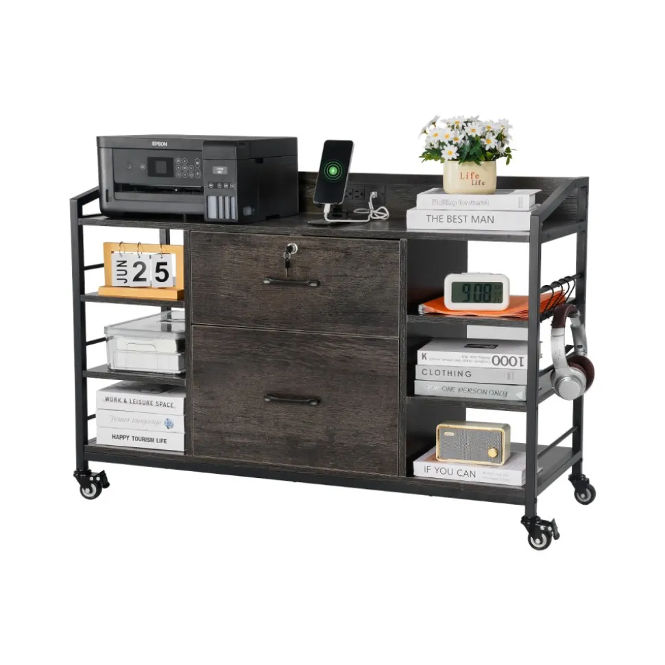 VEVOR 2 Drawers Metal File Cabinet, Lateral Filing Cabinet with Lock and 6 Open Shelves, Wooden Wide Filing Storage Cabinets with Power Strip for Letter, A4, Legal Size File, Easy Assembly, Gray