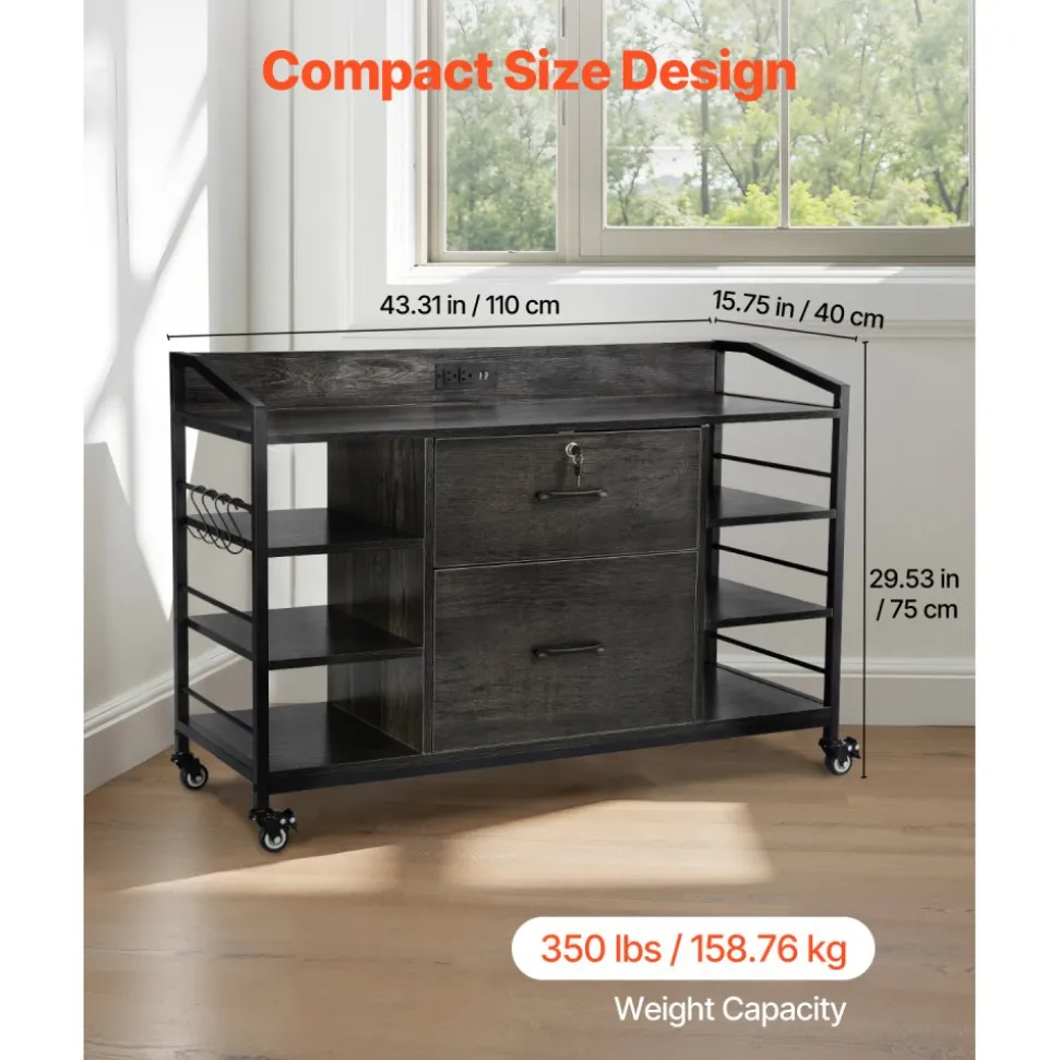 VEVOR 2 Drawers Metal File Cabinet, Lateral Filing Cabinet with Lock and 6 Open Shelves, Wooden Wide Filing Storage Cabinets with Power Strip for Letter, A4, Legal Size File, Easy Assembly, Gray