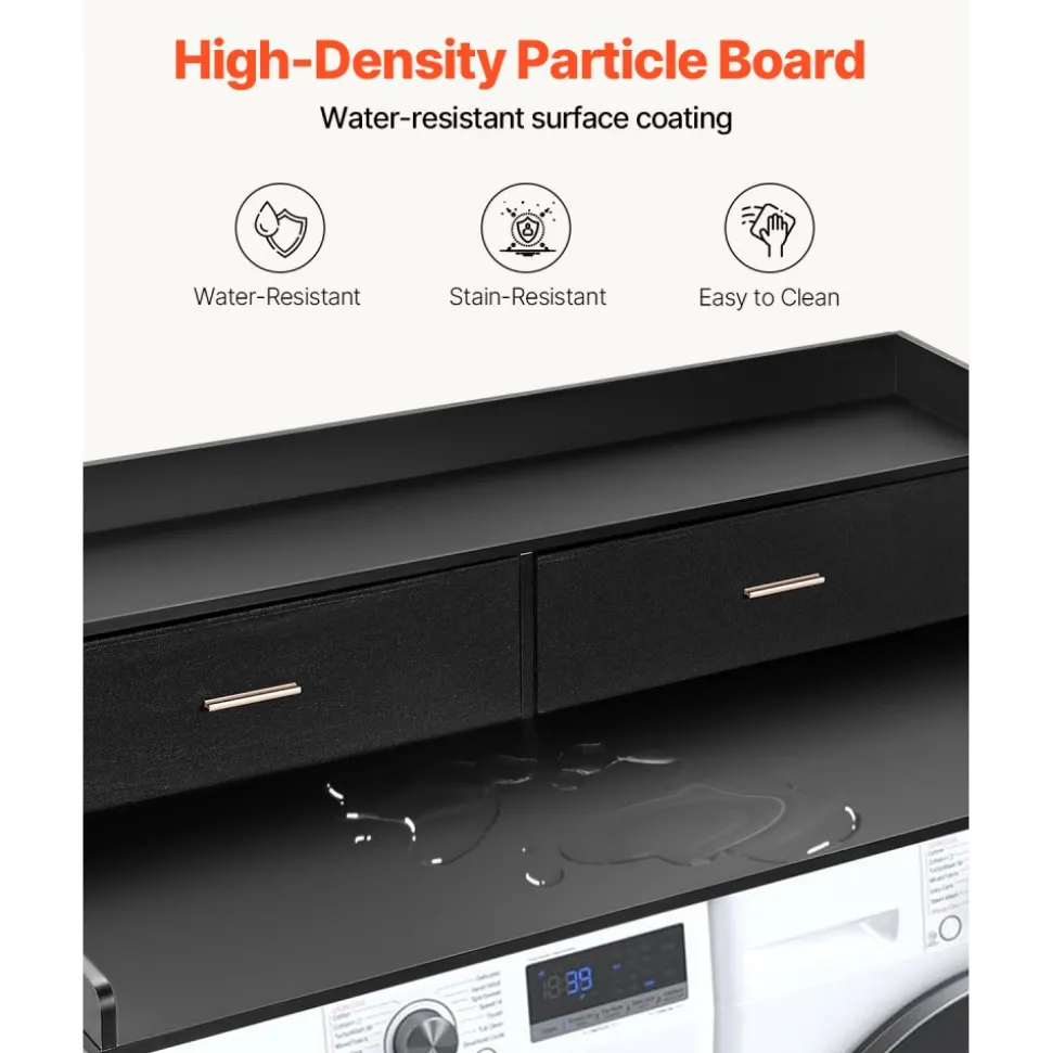 VEVOR 2 Drawers Washer Dryer Countertop with 2-Tier Shelf, 54" x 27" Wooden Washer and Dryer Countertop with Non-Slip Pads, Water-Resistant Laundry Topper for Laundry Room Organization, Black