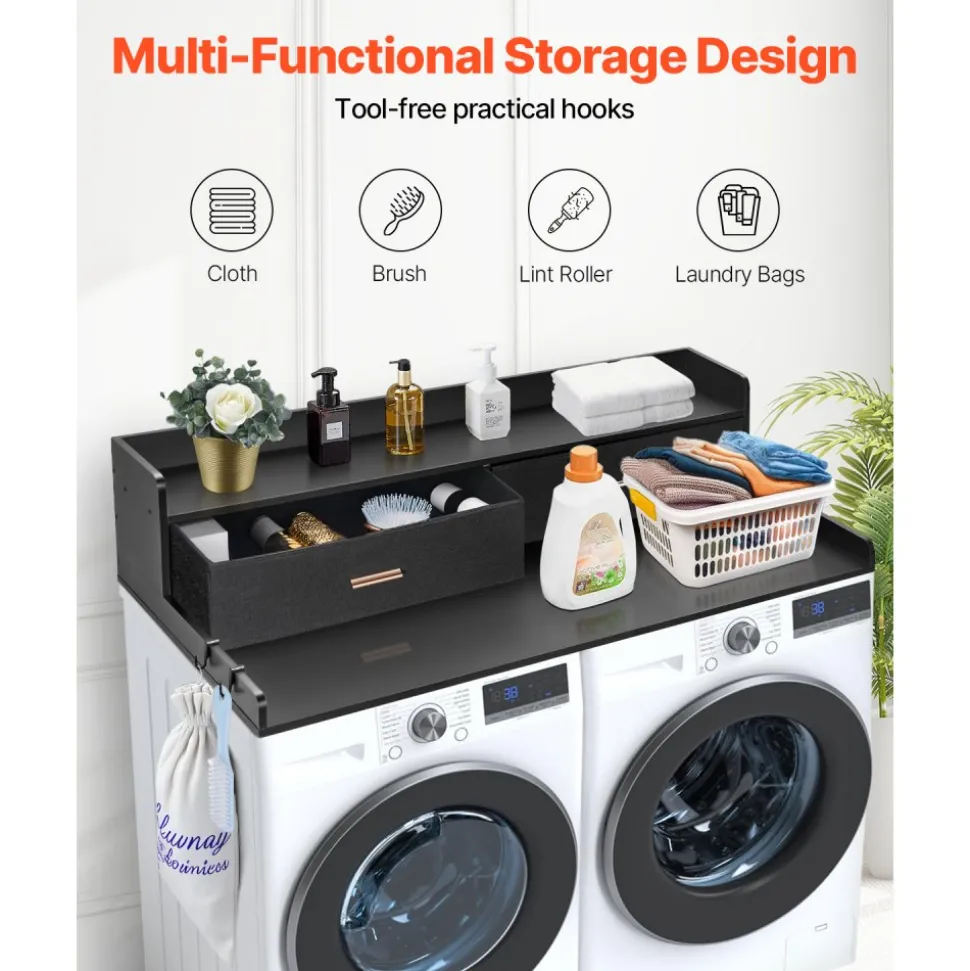 VEVOR 2 Drawers Washer Dryer Countertop with 2-Tier Shelf, 54" x 27" Wooden Washer and Dryer Countertop with Non-Slip Pads, Water-Resistant Laundry Topper for Laundry Room Organization, Black
